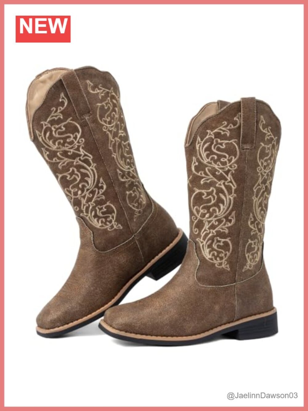 Wide Calf Cowboy Boots Women Square Toe Floral Embroidered PU Leather